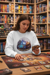 Woman playing a board game in a store with shelves of board games in the background