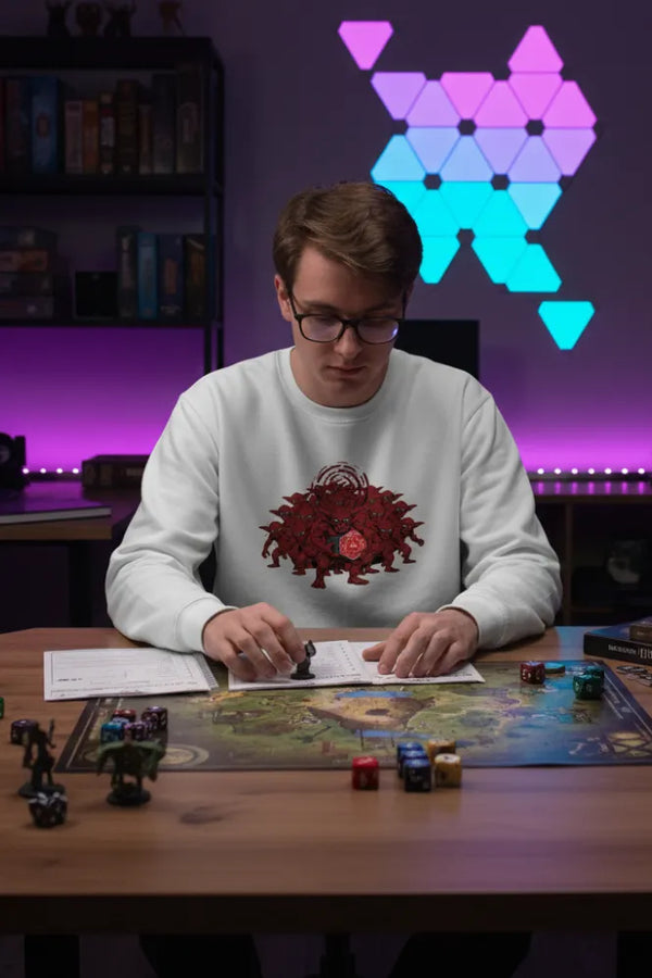 Person playing a board game with colorful geometric light display in the background