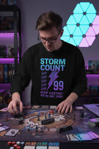 Person playing a board game in a room with colorful lighting