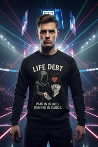 Man wearing a black sweatshirt with graphic design and text in a futuristic arena setting