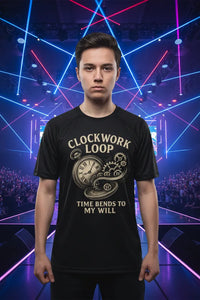 Person wearing a black t-shirt with 'Clockwork Loop' design against a futuristic background