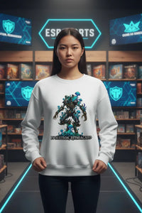 Person wearing a white sweatshirt with a graphic design in a gaming arena setting