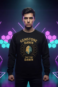 Person wearing a black sweatshirt with 'Gemstone Dawn' design against a colorful geometric background