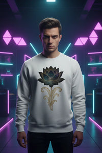 Person wearing a white sweatshirt with a floral design in a futuristic setting with neon lights.