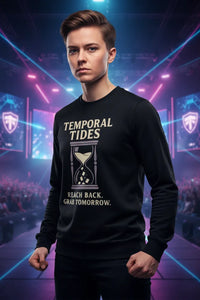 Person wearing a black sweatshirt with 'Temporal Tides' text in a futuristic setting