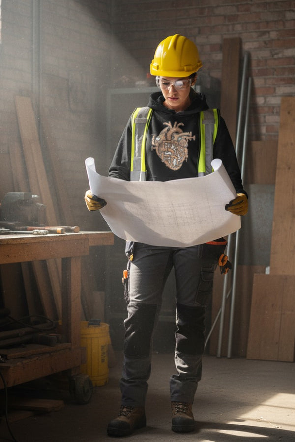 Person in construction attire holding blueprints in a workshop setting