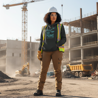 Person in construction attire standing on a construction site with a building under construction in the background.