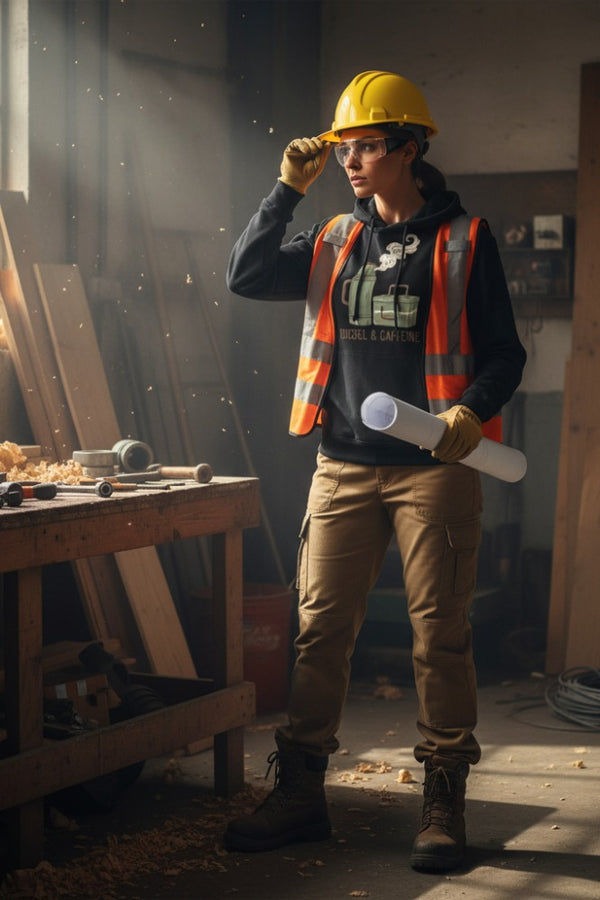 Person in a workshop wearing a hard hat and safety vest, holding blueprints.