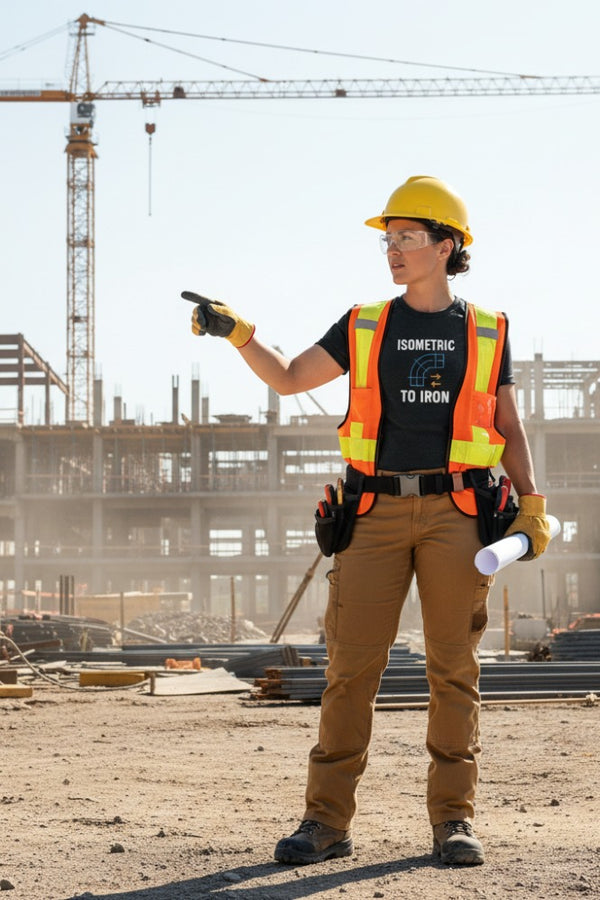 Person in construction attire with hard hat and safety vest at a construction site