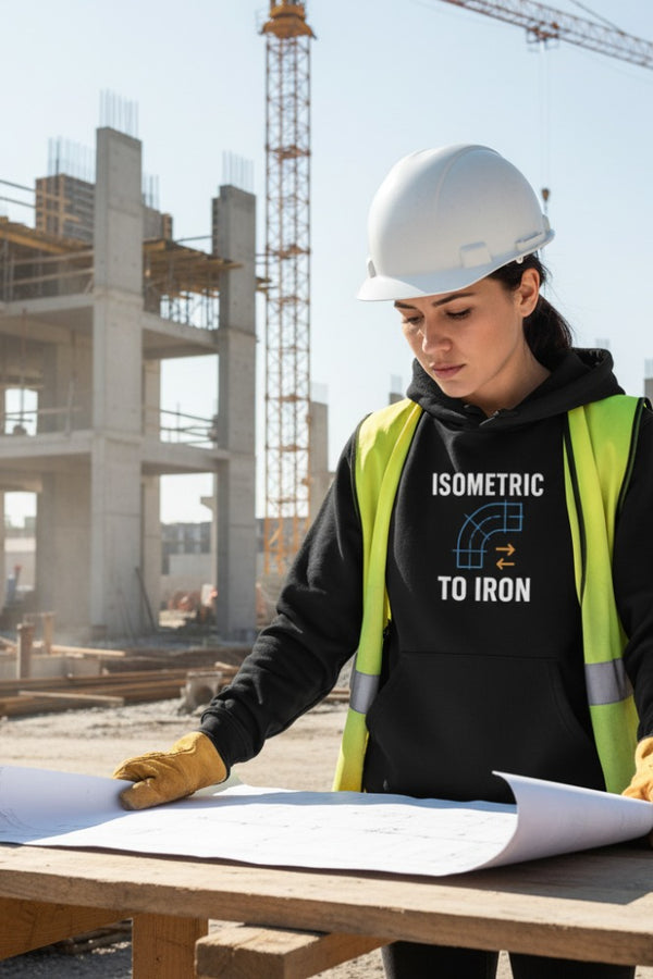 Person in construction gear reviewing blueprints at a construction site
