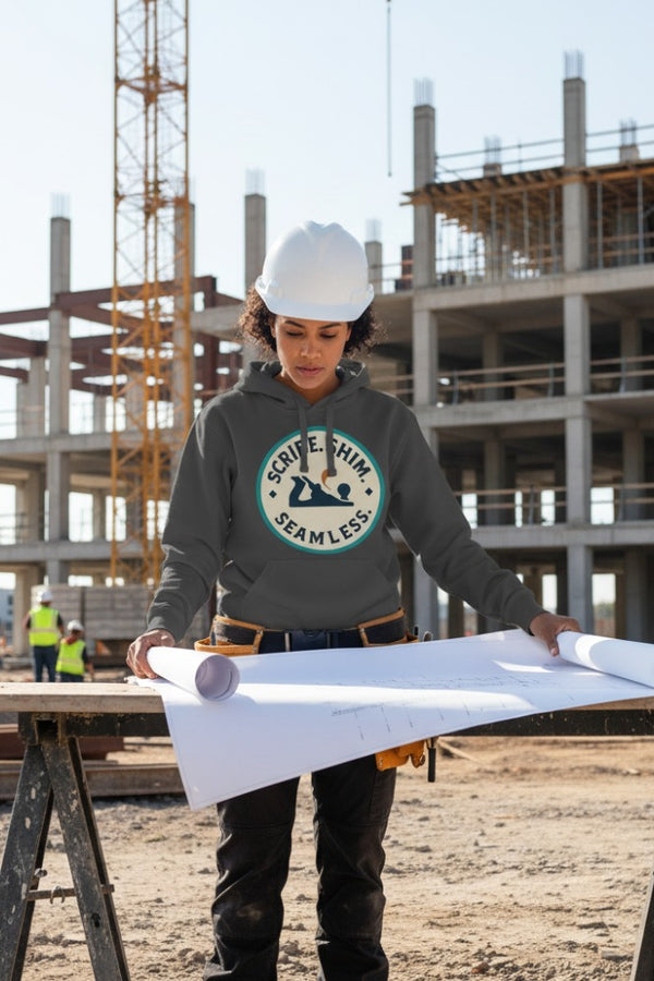 Person in a construction site wearing a hoodie with a logo, holding blueprints.
