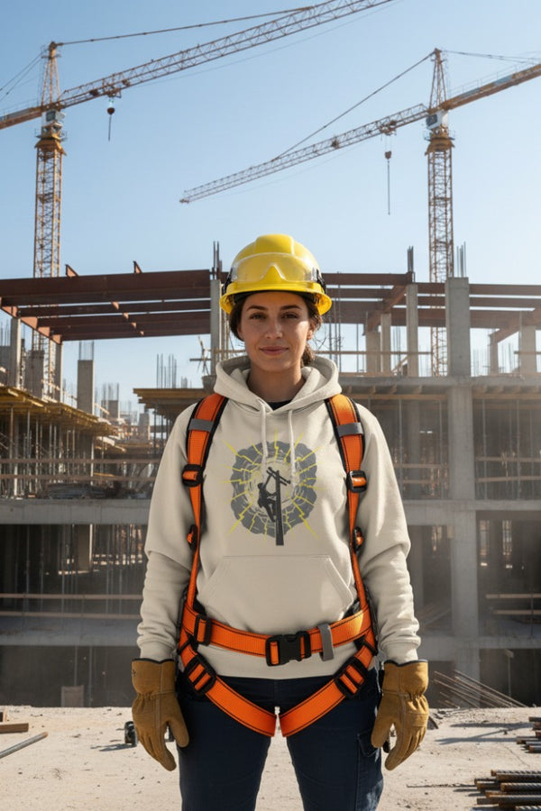 Person wearing a safety helmet and harness at a construction site with cranes in the background.