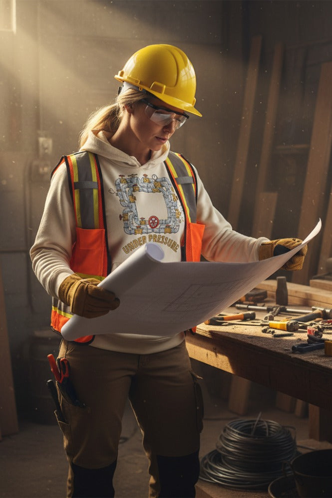 Person in construction attire holding blueprints in a workshop
