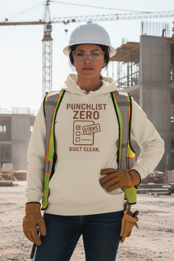 Person wearing a hoodie with 'Punchlist Zero' text at a construction site
