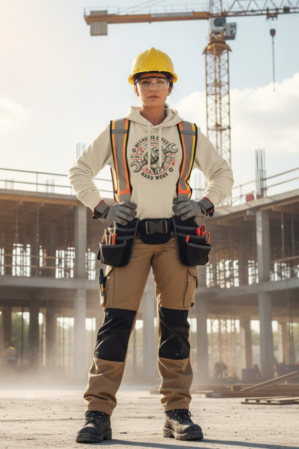 Person in construction attire with tools on a construction site