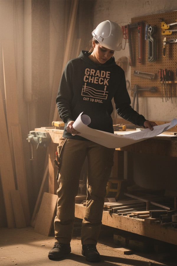 Person in a workshop wearing a hard hat and 'Grade Check' sweatshirt, holding blueprints.