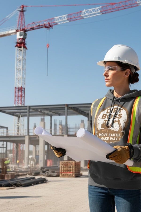 Person in construction attire holding blueprints with a crane and building in the background