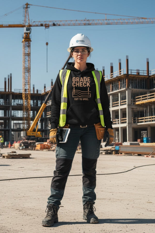 Person in construction attire with 'Grade Check' shirt at a construction site