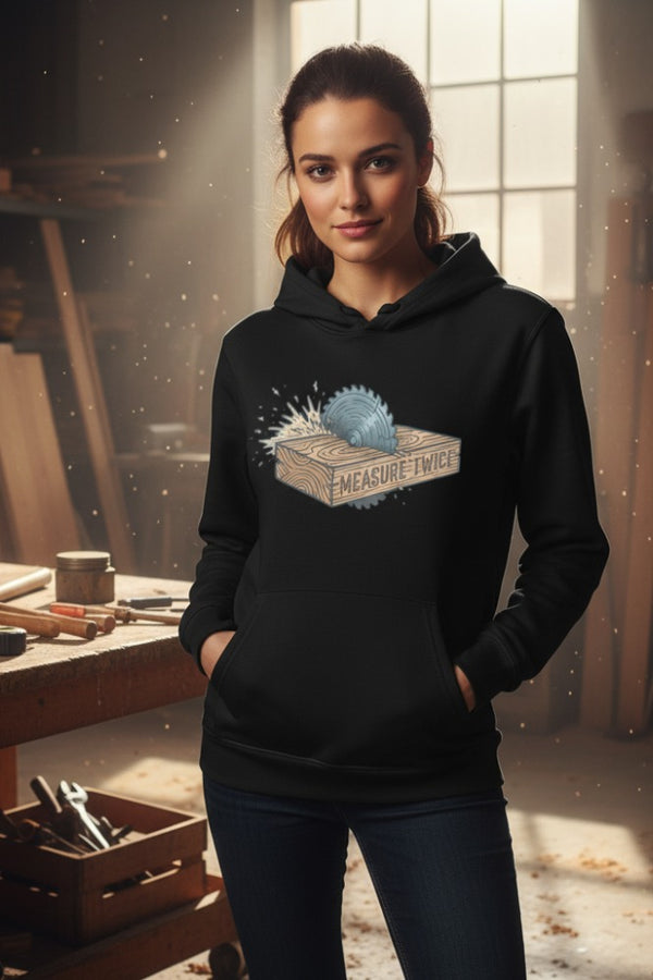 Woman wearing a black hoodie with a graphic design in a workshop setting