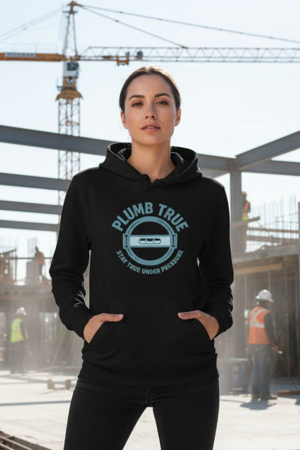 Person wearing a black hoodie with 'Plumb True' logo in an industrial setting
