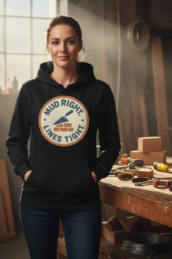 Woman wearing a black hoodie with a logo in a workshop setting