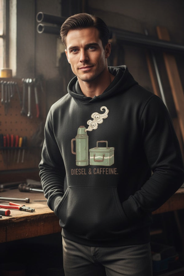 Man wearing a hoodie with a graphic design in a workshop setting