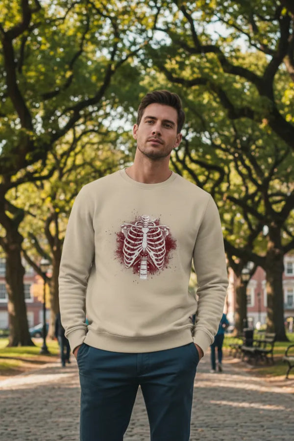 Man wearing a beige sweater with a graphic design in an outdoor setting