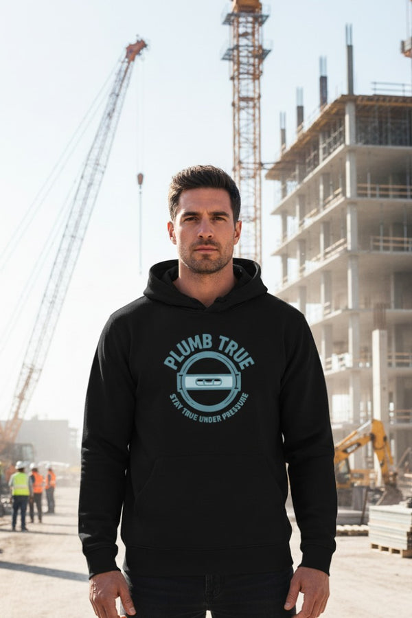Man wearing a black hoodie with 'Blumb True' logo at a construction site