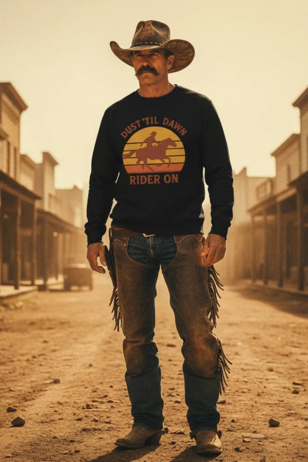 Man in cowboy attire with a 'Dust 'Til Dawn Rider On' shirt in a western town setting.