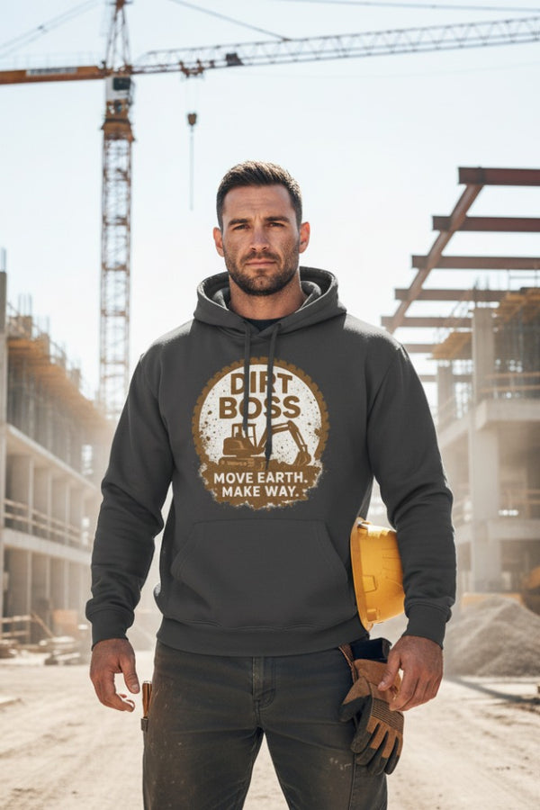 Man wearing a hoodie with 'Dirt Boss' graphic at a construction site