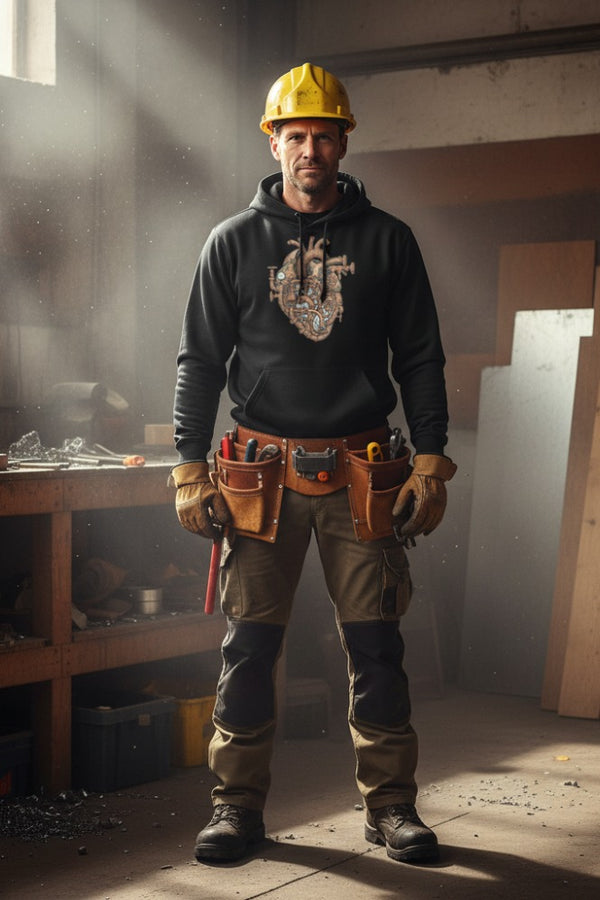 Man in a workshop wearing a hard hat and tool belt