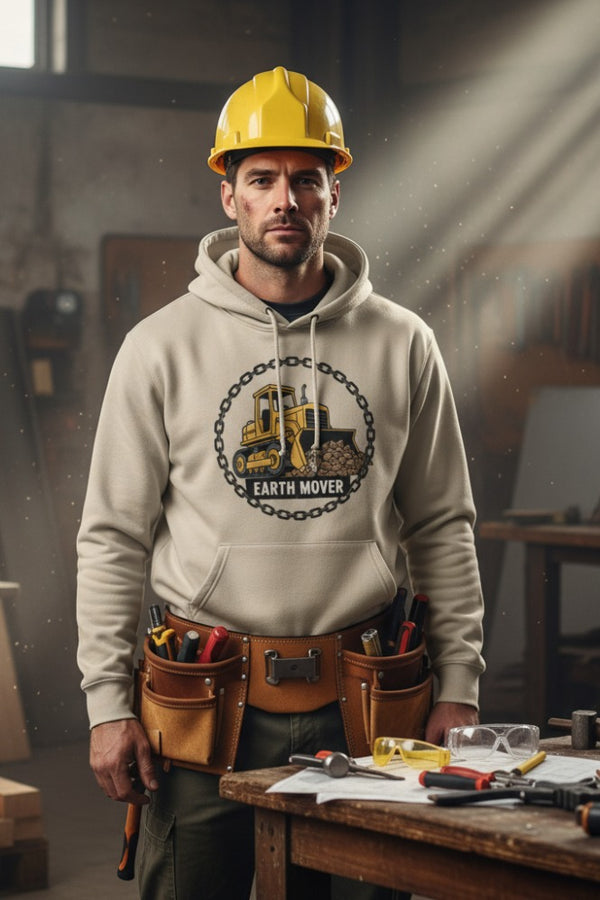 Man wearing a hoodie with a 'Earth Mover' design and a hard hat in a workshop setting.