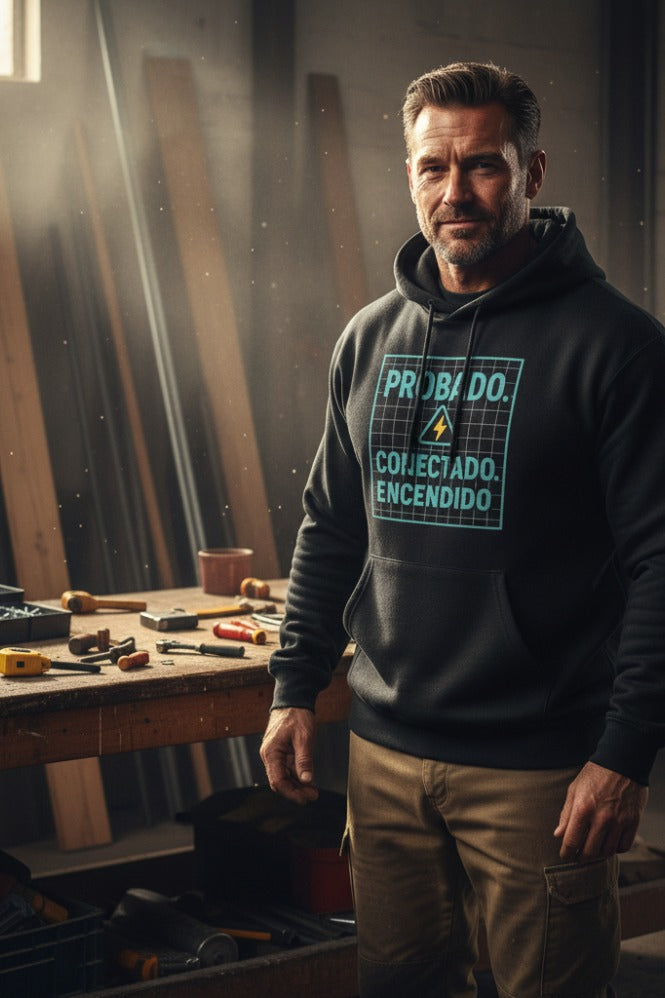 Man wearing a hoodie with text in a workshop setting
