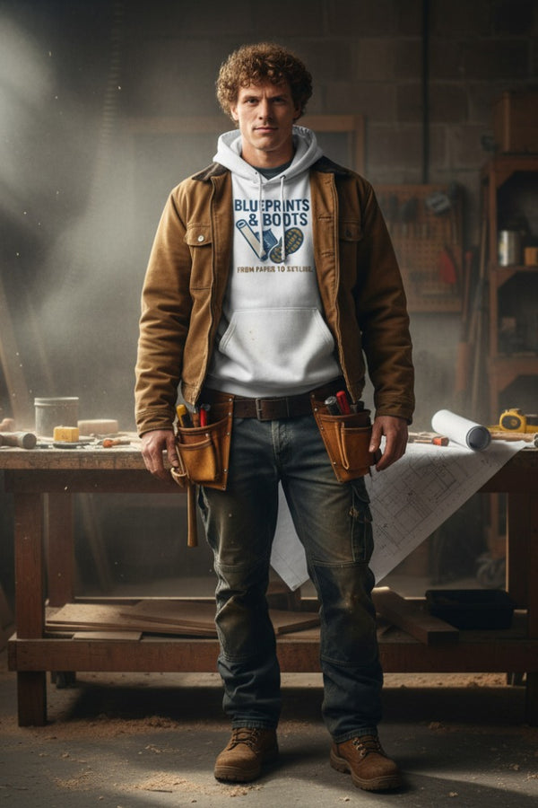 Man in a workshop wearing a tool belt with various tools.