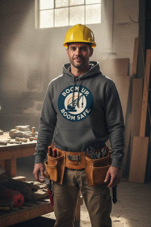Man wearing a hoodie with 'Boom Up Boom Safe' logo in a workshop setting