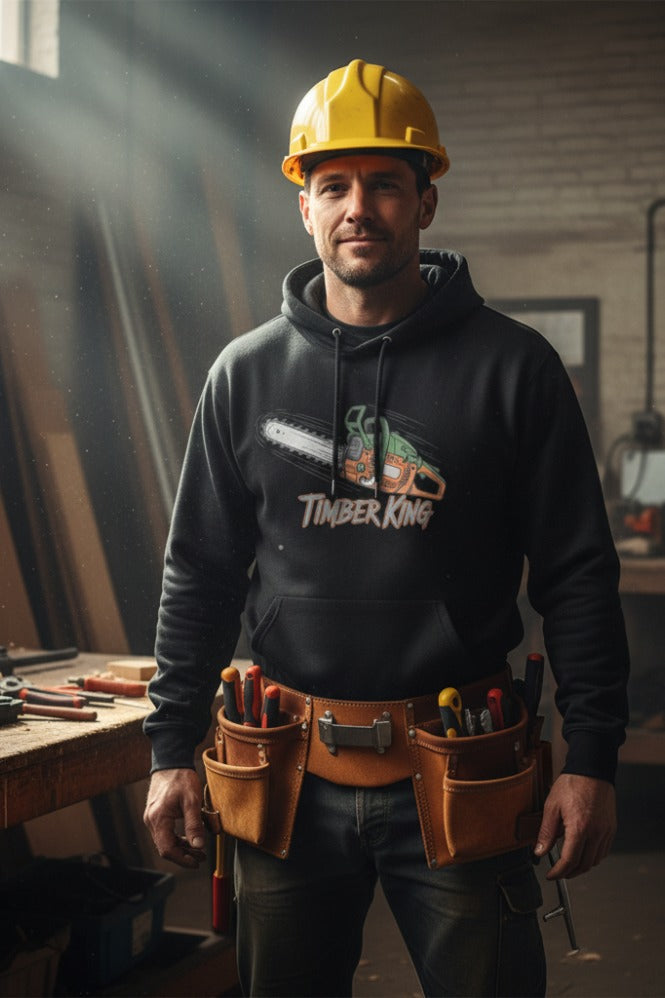 Man wearing a 'Timber King' hoodie with tool belts in a workshop setting