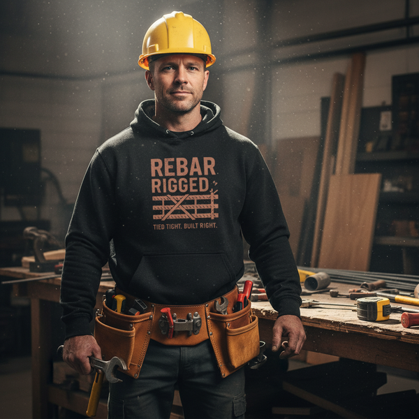 Man in a workshop wearing a hoodie with 'Rebar Rigged' text and tool belt.