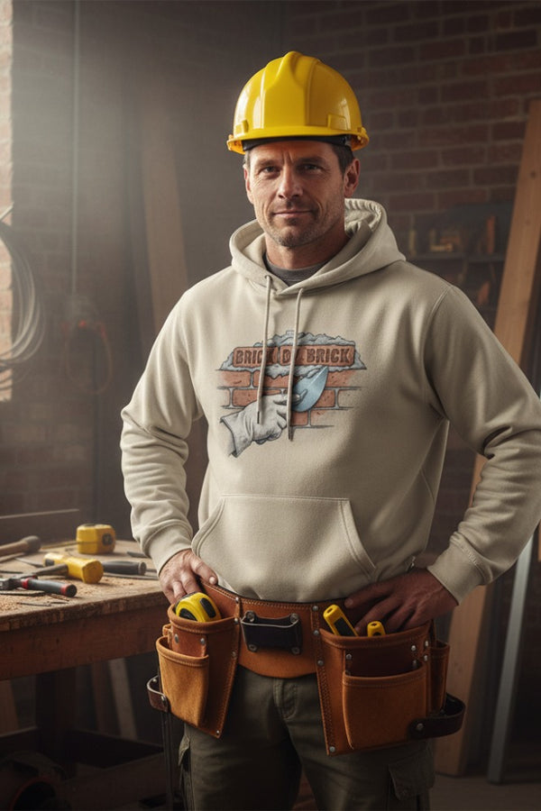 Man wearing a yellow hard hat and tool belt with a workshop background