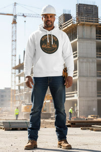 Man wearing a white hoodie with a logo and hard hat on a construction site