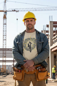 Man in construction attire with tools at a construction site