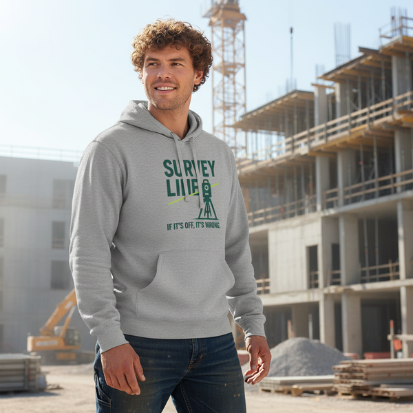 Man wearing a hoodie with text standing in front of a construction site