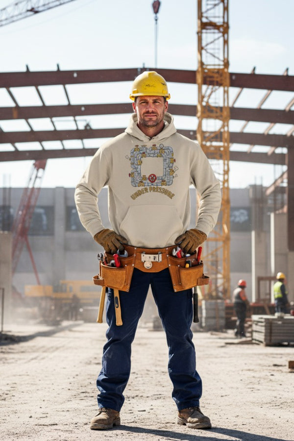 Man in a construction site wearing a hoodie with a design, blue jeans, and a tool belt.