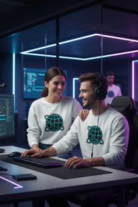 Two people in a modern office setting with technology-themed sweaters.