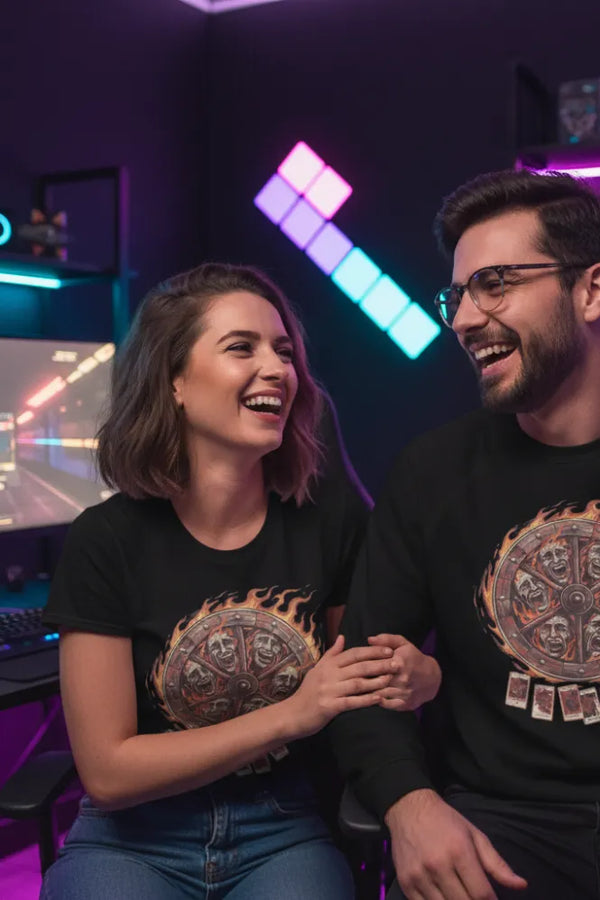 Two people sitting together in a room with colorful lighting, wearing matching black t-shirts with a circular design.