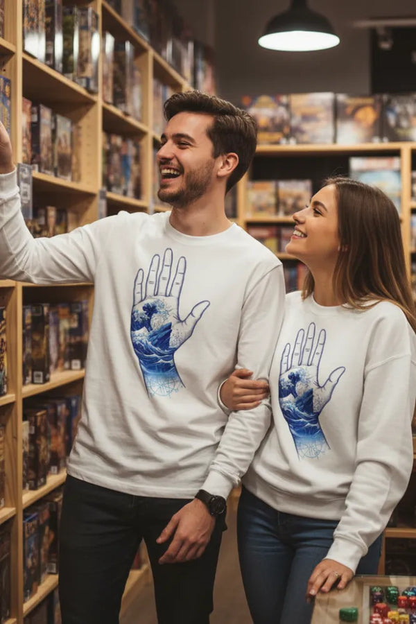 Two people wearing matching sweatshirts with a wave design in a bookstore.