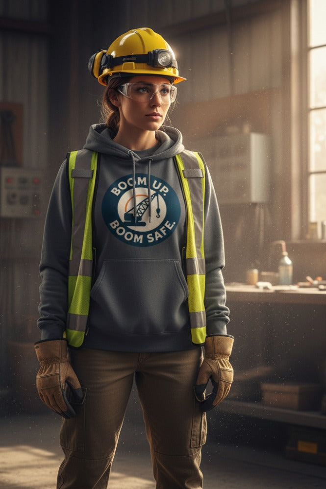 Person wearing a hard hat, safety vest, and gloves in an industrial setting