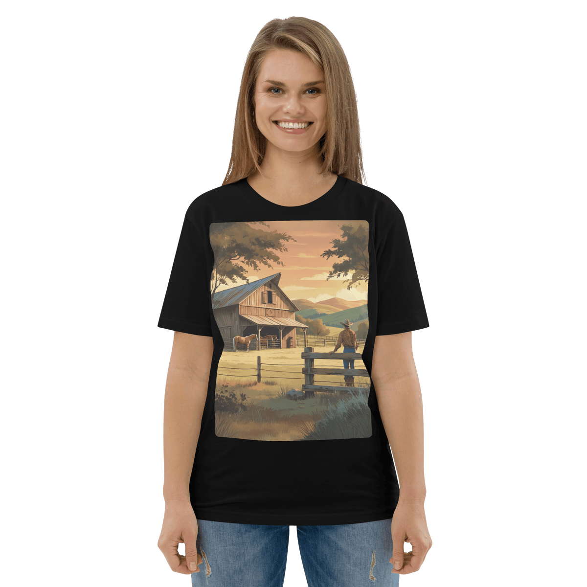 Rustic Ranch Life Organic Cotton T-Shirt | Cowboy & Horses Tee - Design Delight Studio