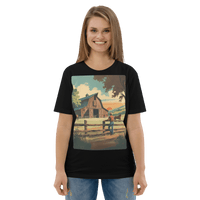 Rustic Ranch Life Organic Cotton T-Shirt - Western Barn Scene - Design Delight Studio
