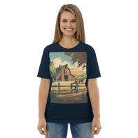 Rustic Ranch Life Organic Cotton T-Shirt - Western Barn Scene - Design Delight Studio