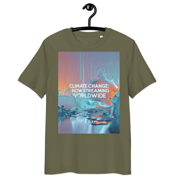 Organic cotton t-shirt – ‘Climate Change: Now Streaming Worldwide’ bold activism design. Eco-friendly, soft, and perfect for sustainability advocates!